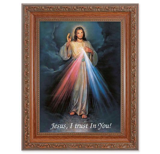Divine Mercy Picture Framed Wall Art Decor Medium, Antiqued Dark Mahogany Finished Frame with Acanthus-Leaf Detail