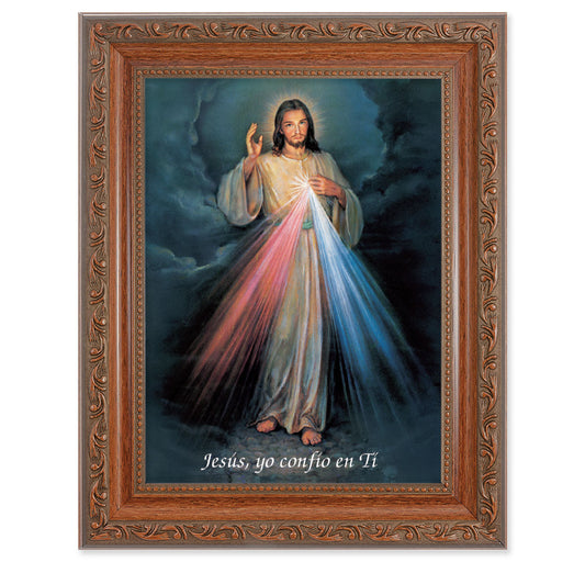 Divine Mercy (Spanish) Picture Framed Wall Art Decor Medium, Antiqued Dark Mahogany Finished Frame with Acanthus-Leaf Detail