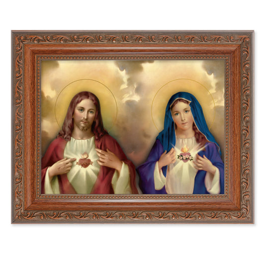 The Sacred Hearts Picture Framed Wall Art Decor, Medium, Antiqued Dark Mahogany Finished Frame with Acanthus-Leaf Detail