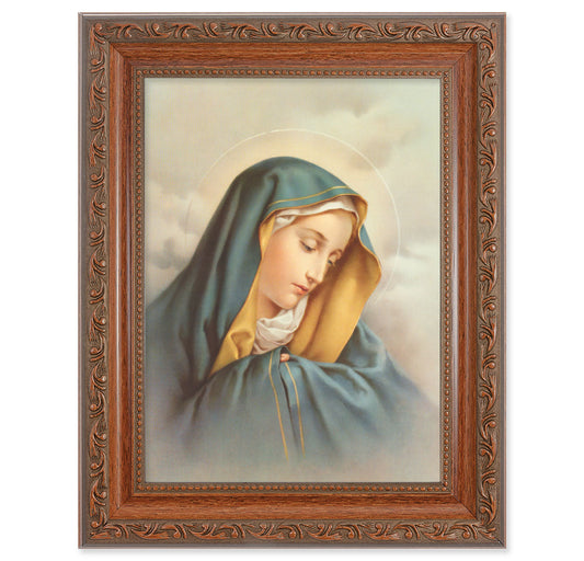 Our Lady of Sorrows Picture Framed Wall Art Decor Medium, Antiqued Dark Mahogany Finished Frame with Acanthus-Leaf Detail