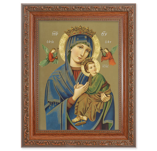 Our Lady of Perpetual Help Picture Framed Wall Art Decor Medium, Antiqued Dark Mahogany Finished Frame with Acanthus-Leaf Detail