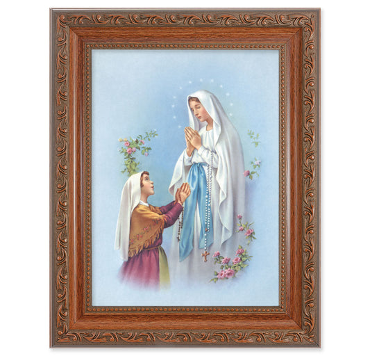 Our Lady of Lourdes Picture Framed Wall Art Decor Medium, Antiqued Dark Mahogany Finished Frame with Acanthus-Leaf Detail