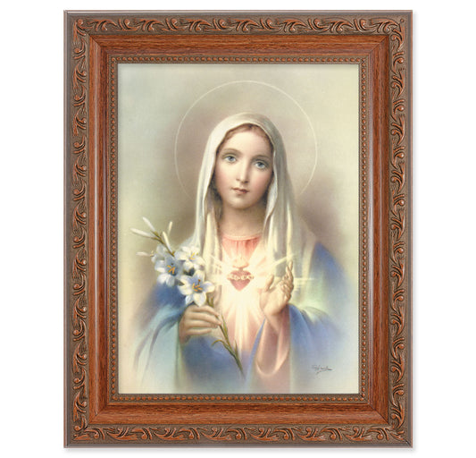 Immaculate Heart of Mary Picture Framed Wall Art Decor, Medium, Antiqued Dark Mahogany Finished Frame with Acanthus-Leaf Detail
