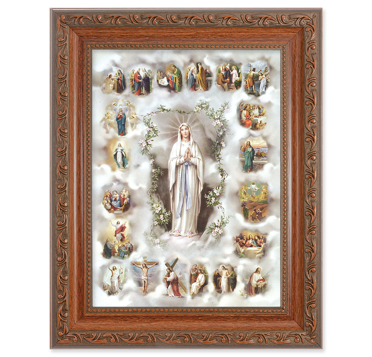 20 Mysteries of the Rosary Picture Framed Wall Art Decor Medium, Antiqued Dark Mahogany Finished Frame with Acanthus-Leaf Detail