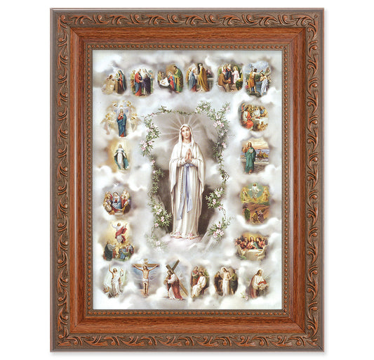 20 Mysteries of the Rosary Picture Framed Wall Art Decor Medium, Antiqued Dark Mahogany Finished Frame with Acanthus-Leaf Detail