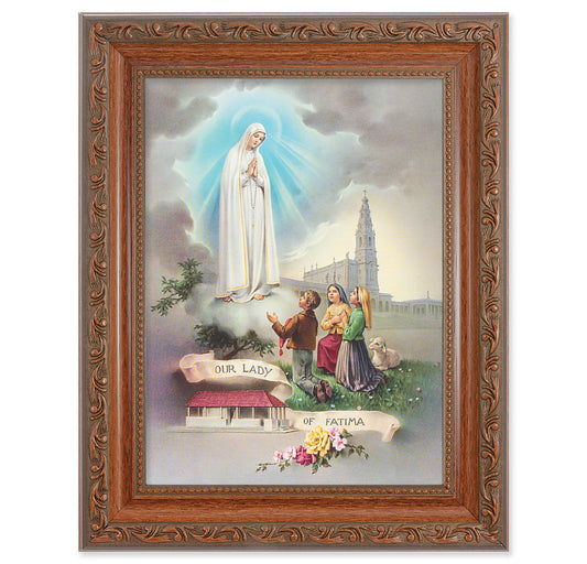 Our Lady of Fatima Picture Framed Wall Art Decor Medium, Antiqued Dark Mahogany Finished Frame with Acanthus-Leaf Detail