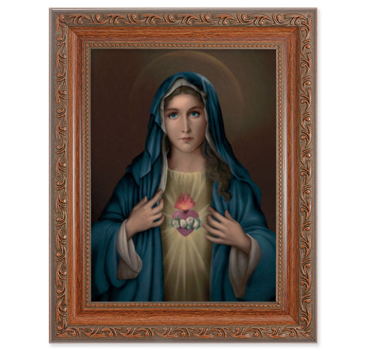 Immaculate Heart of Mary Picture Framed Wall Art Decor, Medium, Antiqued Dark Mahogany Finished Frame with Acanthus-Leaf Detail