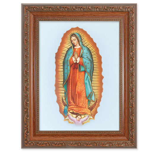 Our Lady of Guadalupe Picture Framed Wall Art Decor, Medium, Antiqued Dark Mahogany Finished Frame with Acanthus-Leaf Detail