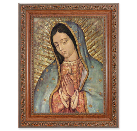 Our Lady of Guadalupe Picture Framed Wall Art Decor, Medium, Antiqued Dark Mahogany Finished Frame with Acanthus-Leaf Detail