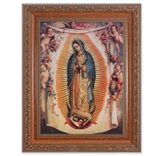 Our Lady of Guadalupe with Angels Picture Framed Wall Art Decor Medium, Antiqued Dark Mahogany Finished Frame with Acanthus-Leaf Detail