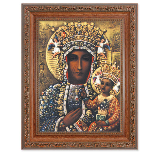 Our Lady of Czestochowa Picture Framed Wall Art Decor Medium, Antiqued Dark Mahogany Finished Frame with Acanthus-Leaf Detail