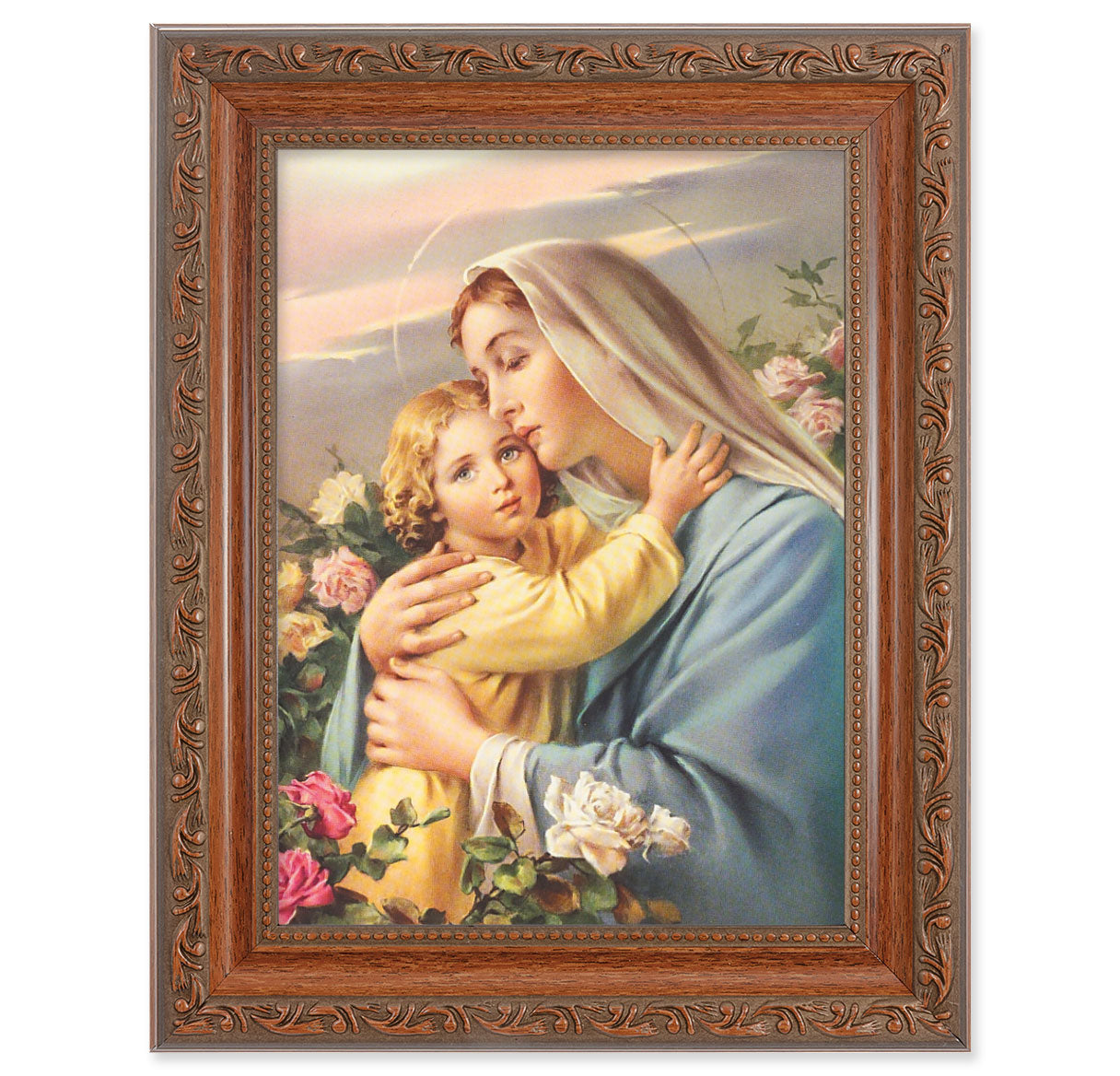 Madonna and Child Picture Framed Wall Art Decor Medium, Antiqued Dark Mahogany Finished Frame with Acanthus-Leaf Detail