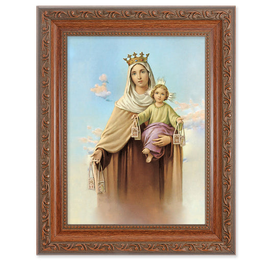 Our Lady of Mount Carmel Picture Framed Wall Art Decor Medium, Antiqued Dark Mahogany Finished Frame with Acanthus-Leaf Detail