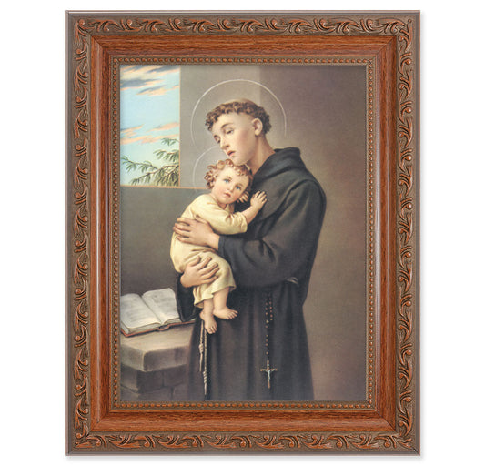 St. Anthony Picture Framed Wall Art Decor Medium, Antiqued Dark Mahogany Finished Frame with Acanthus-Leaf Detail