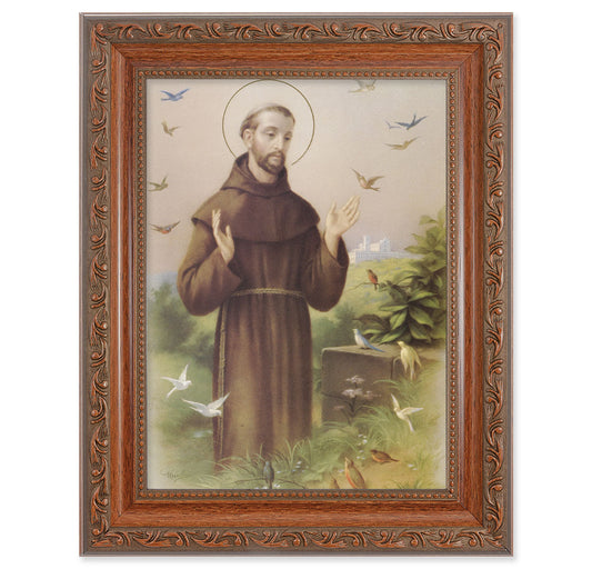 St. Francis Picture Framed Wall Art Decor Medium, Antiqued Dark Mahogany Finished Frame with Acanthus-Leaf Detail