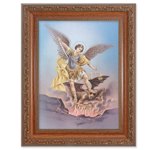 St. Michael Picture Framed Wall Art Decor Medium, Antiqued Dark Mahogany Finished Frame with Acanthus-Leaf Detail