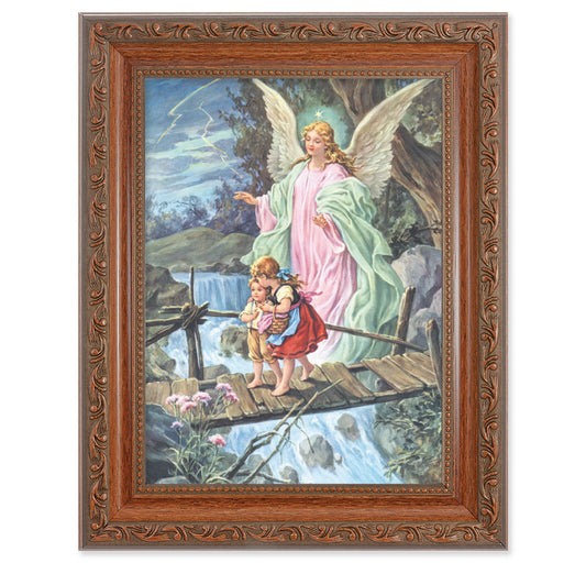 Guardian Angel Picture Framed Wall Art Decor Medium, Antiqued Dark Mahogany Finished Frame with Acanthus-Leaf Detail