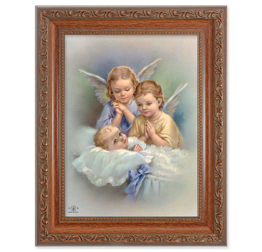 Guardian Angels Picture Framed Wall Art Decor Medium, Antiqued Dark Mahogany Finished Frame with Acanthus-Leaf Detail