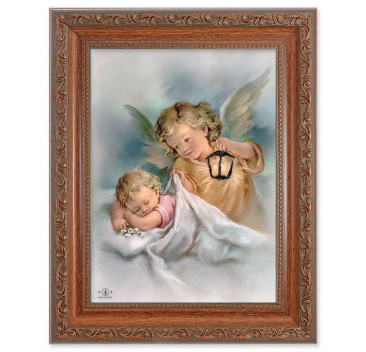 Guardian Angels with Lantern Picture Framed Wall Art Decor Medium, Antiqued Dark Mahogany Finished Frame with Acanthus-Leaf Detail