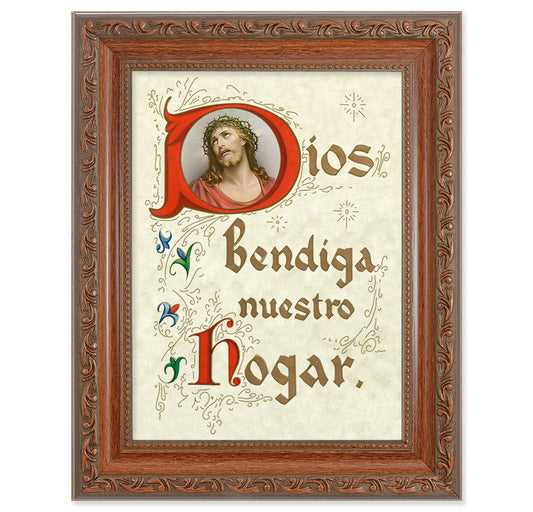 House Blessing (Spanish) Picture Framed Wall Art Decor Medium, Antiqued Dark Mahogany Finished Frame with Acanthus-Leaf Detail