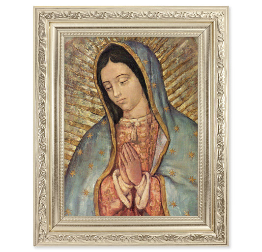 Our Lady of Guadalupe Picture Framed Wall Art Decor Medium, Antique Silver Finished Frame with Acanthus-Leaf Detail