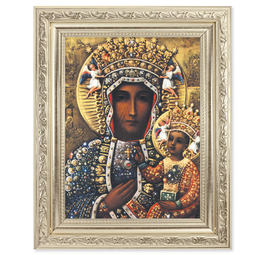 Our Lady of Czestochowa Picture Framed Wall Art Decor Medium, Antique Silver Finished Frame with Acanthus-Leaf Detail