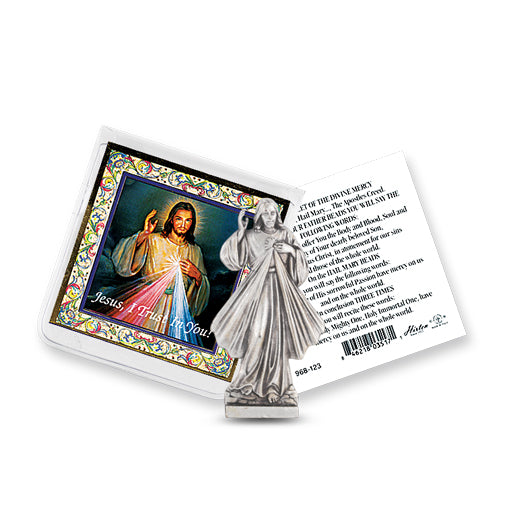 Small Catholic Divine Mercy Catholic Pocket Statue Figurine with Holy Prayer Card