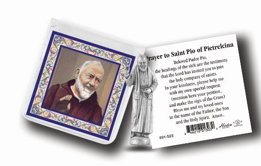 Small Catholic Saint Pio Catholic Pocket Statue Figurine with Holy Prayer Card