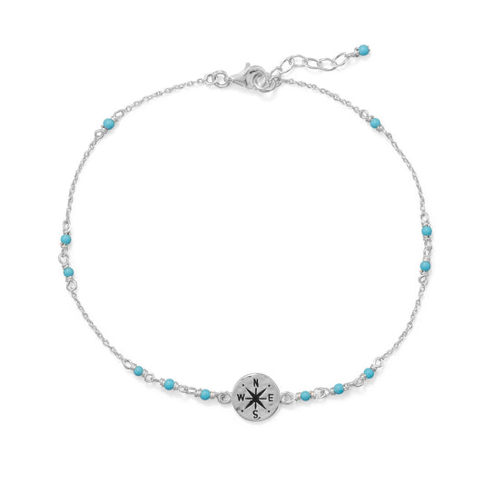 Extel 9.25"+.75" Blue Beaded Anklet with Compass Charm