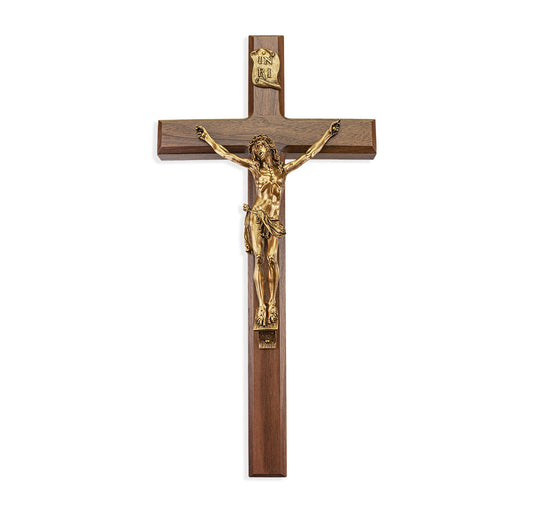 Large Catholic Genuine Walnut Wood Wall Crucifix 15 Inch