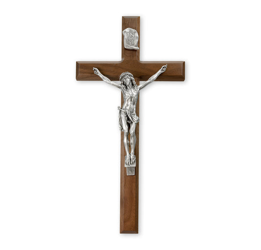 Large Catholic Genuine Walnut Wood Wall Crucifix 15 Inch