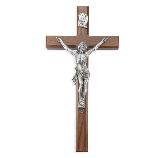 Large Catholic Walnut Wood Wall Crucifix, 15", for Home, Office, Over Door