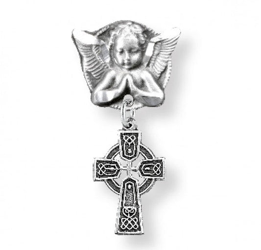 Extel Sterling Silver Baby Irish Celtic cross Pendant on a  Angel Pin, Catholic Baptism Gift, Made in USA