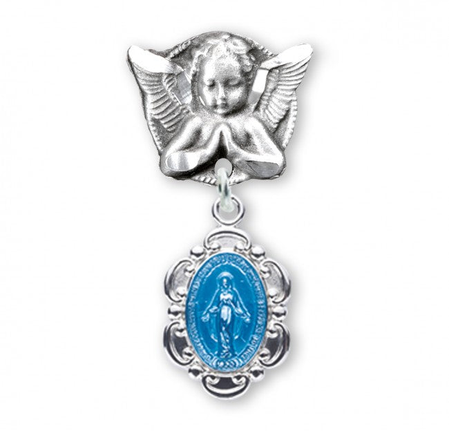 Extel Blue Enameled Oval Fancy Edge Miraculous Baby Medal on an Angel Pin, Catholic Baptism Gift for Boy, Made in USA