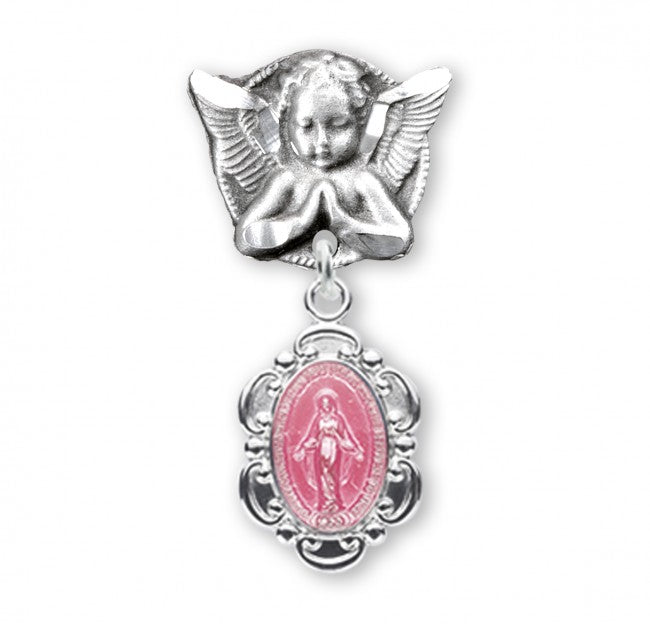 Extel Pink Enameled Miraculous Baby Medal on an Angel Pin, Catholic Baptism Gift for Girl, Made in USA