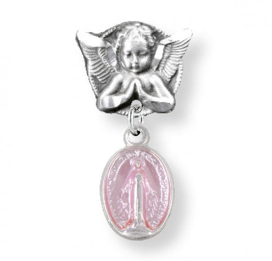 Extel Pink Enameled Oval Sterling Silver Baby Miraculous Baby Medal on an Angel Pin, Catholic Baptism Gift for Girl, Made in USA