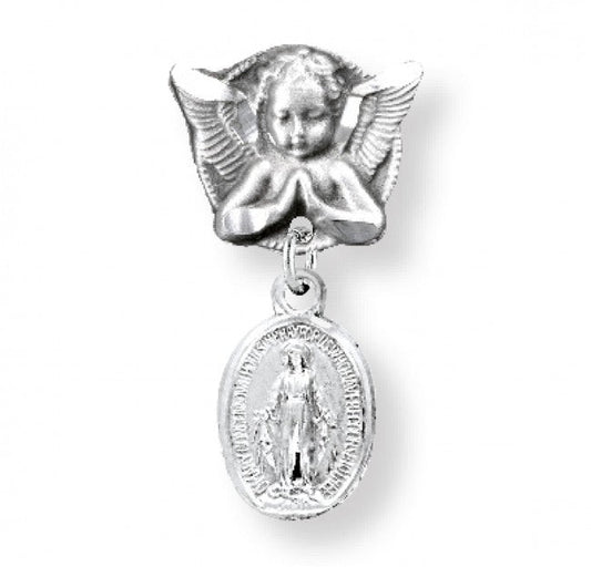 Extel Sterling Silver Oval Miraculous Baby Medal on an Angel Pin, Catholic Baptism Gift, Made in USA