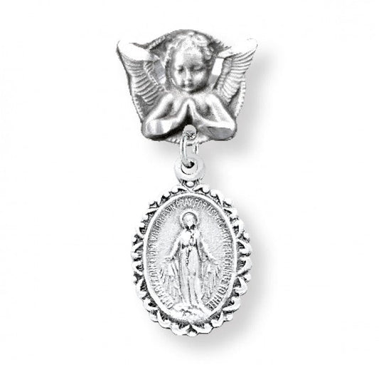 Extel Sterling Silver Oval Fancy Edge Miraculous Baby Medal on an Angel Pin, Catholic Baptism Gift, Made in USA