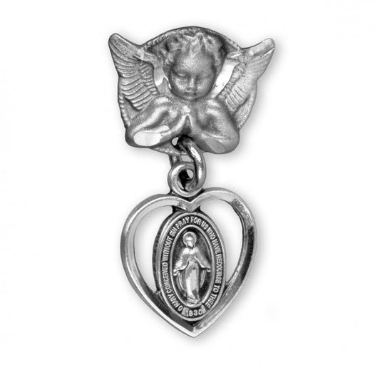 Extel Sterling Silver Pierced Heart Baby Miraculous Medal on an Angel Pin, Catholic Baptism Gift, Made in USA