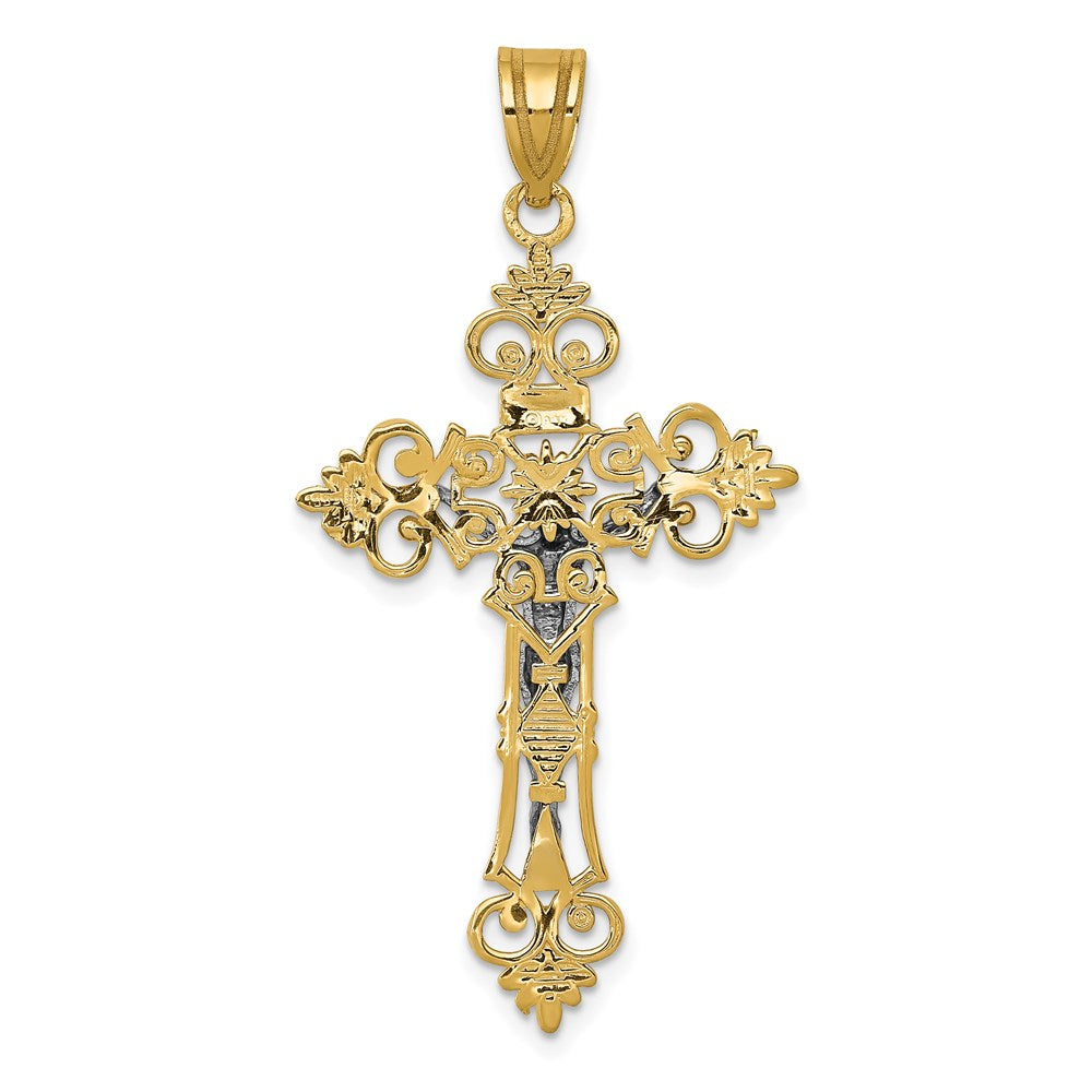 Extel Large 14k Gold Two-tone Large Lacey-edged INRI Fleur de Lis Crucifix Pendant, Made in USA