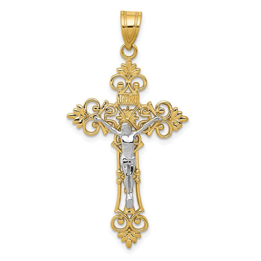 Extel Large 14k Gold Two-tone Large Lacey-edged INRI Fleur de Lis Crucifix Pendant, Made in USA
