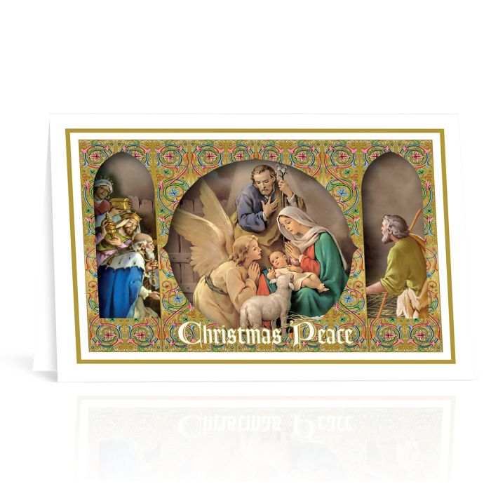 Catholic Nativity Scene Framed Images with One Angel Christmas Greeting Cards Boxed, Pack of 10 Cards
