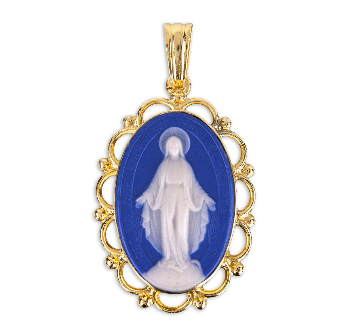 Dark Blue Gold Cameo Miraculous Medal Pendant Necklace Made in USA