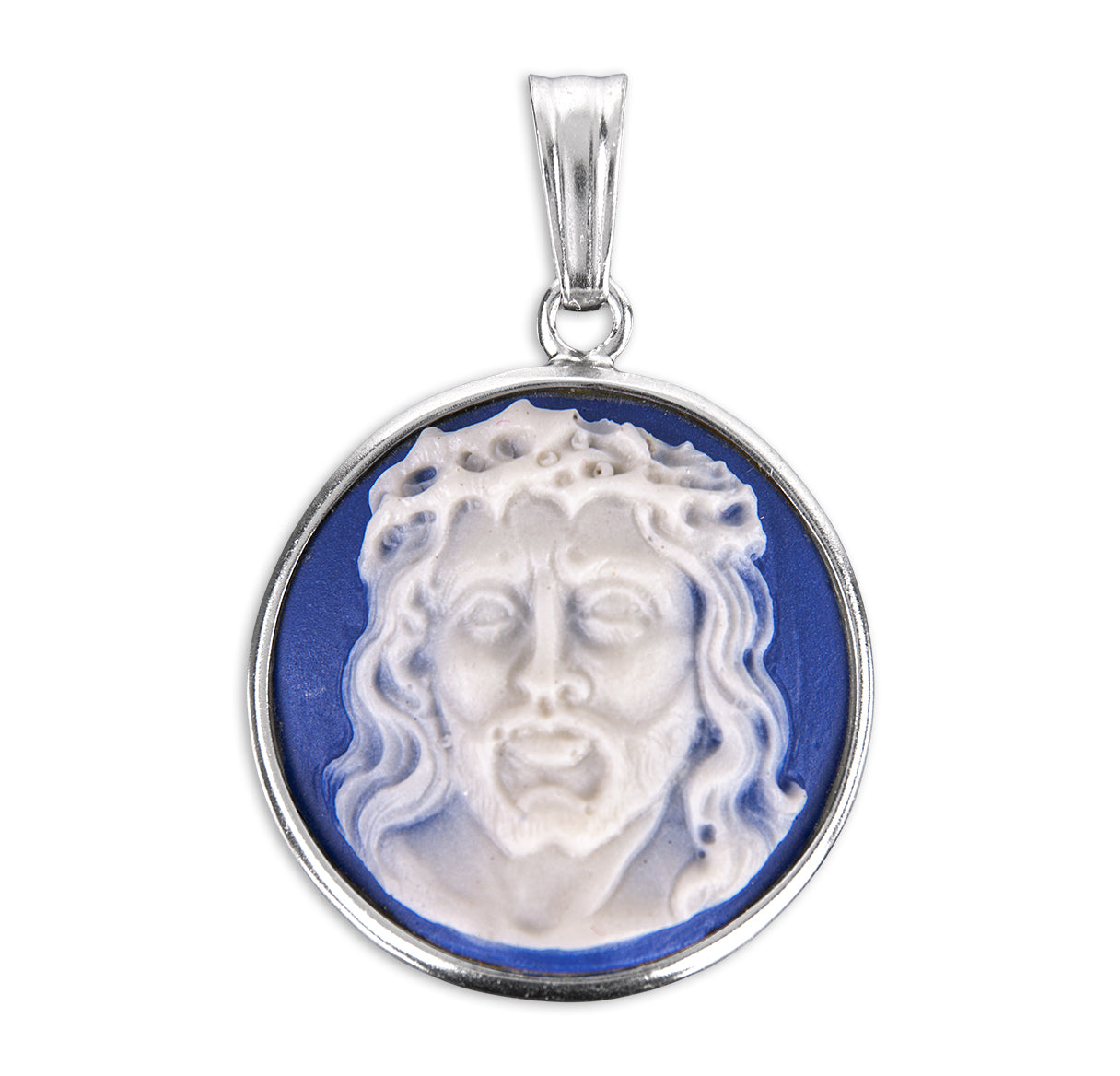 Light Blue Head of Christ Cameo Medal Pendant Necklace Gift
