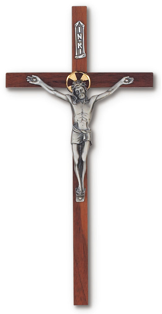 Large Walnut With Silver Halo Wall Crucifix 10 Inches Decor