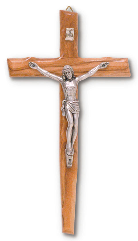 Medium Olive Wood Wall Crucifix with Silver Corpus 8 Inch