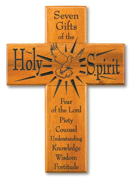 Medium Solid Mahogany Seven Gifts of Holy Spirit Cross 8 Inch
