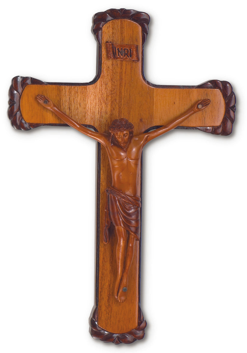 Large Solid Mahogany Hand Carved Boarders Wall Crucifix 12 Inch