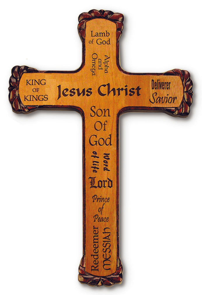 Large Solid Mahogany Names of Jesus Cross 12 Inch Decor