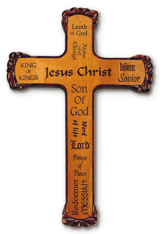 Large Solid Mahogany Names of Jesus Cross 12 Inch Decor